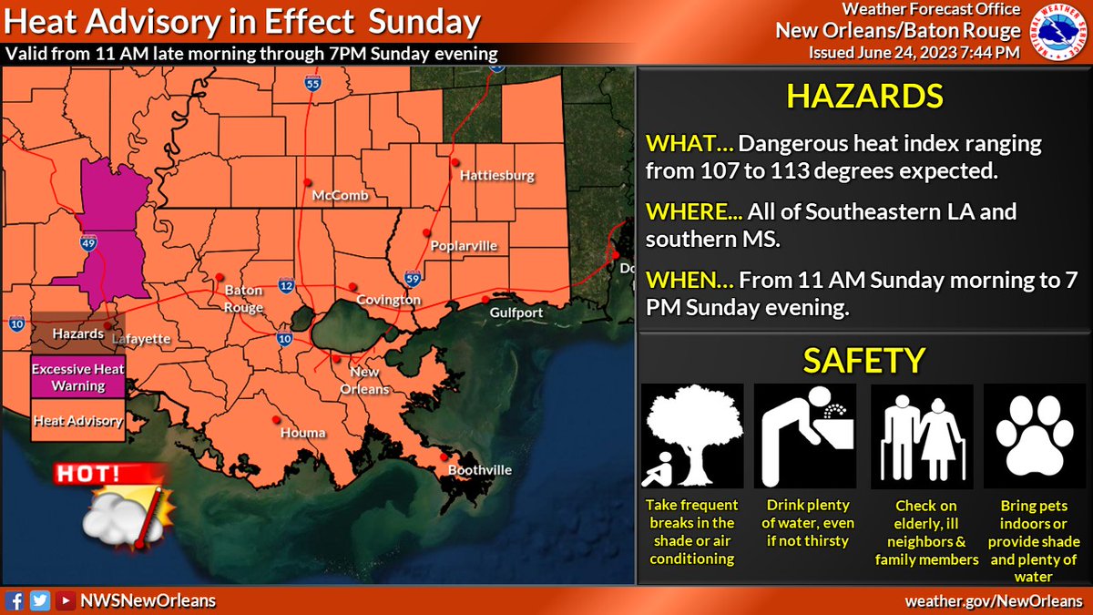 NWSNewOrleans's tweet photo. 🥵It's going to be a hot one tomorrow! 

⚠️A heat advisory has been issued for tomorrow as heat indices are expected to be between 107 and 113 during the day. Please be safe while outdoors and stay hydrated!

#lawx #mswx https://t.co/BD6UBrI5JU