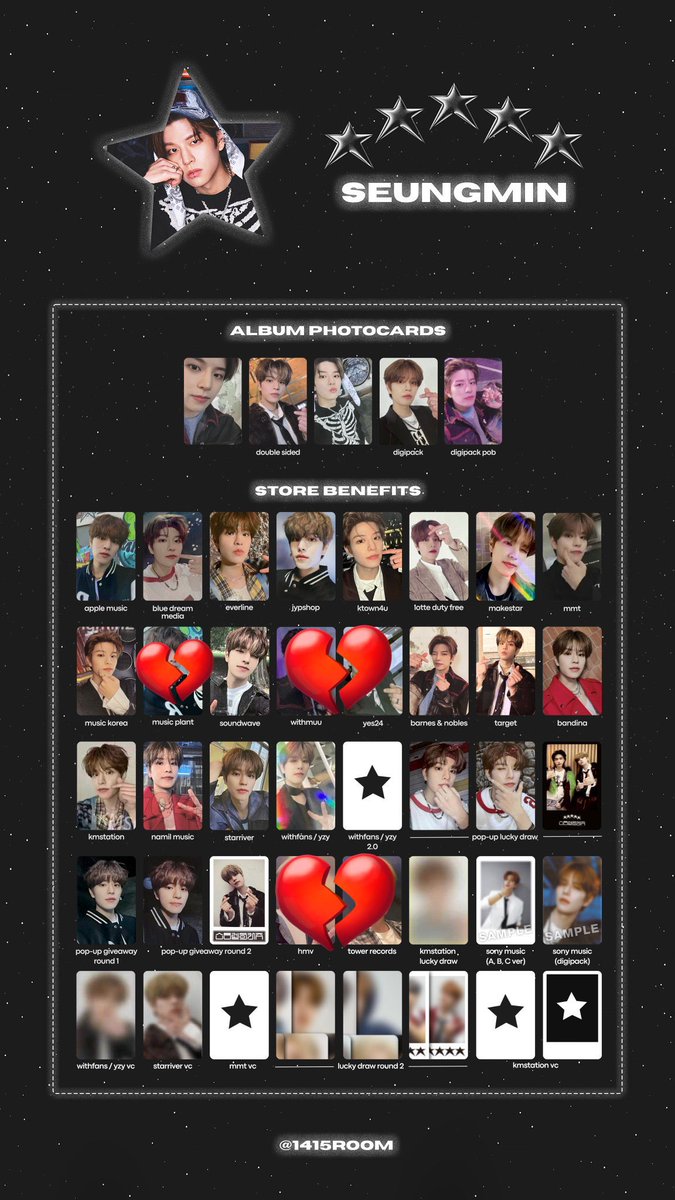 2ooama's tweet photo. straykids スキズ　5-star 店舗特典
トレカ　交換

【譲】ktown4u
　フィリックス🐥、スンミン🐶、
　バンチャン🐺

【求】スンミン
　　(写真の💔以外全て検討致します)

郵送希望✉️
返信にお時間を頂く可能性があります🙇🏻‍♀️ https://t.co/l9SDhUNDm6