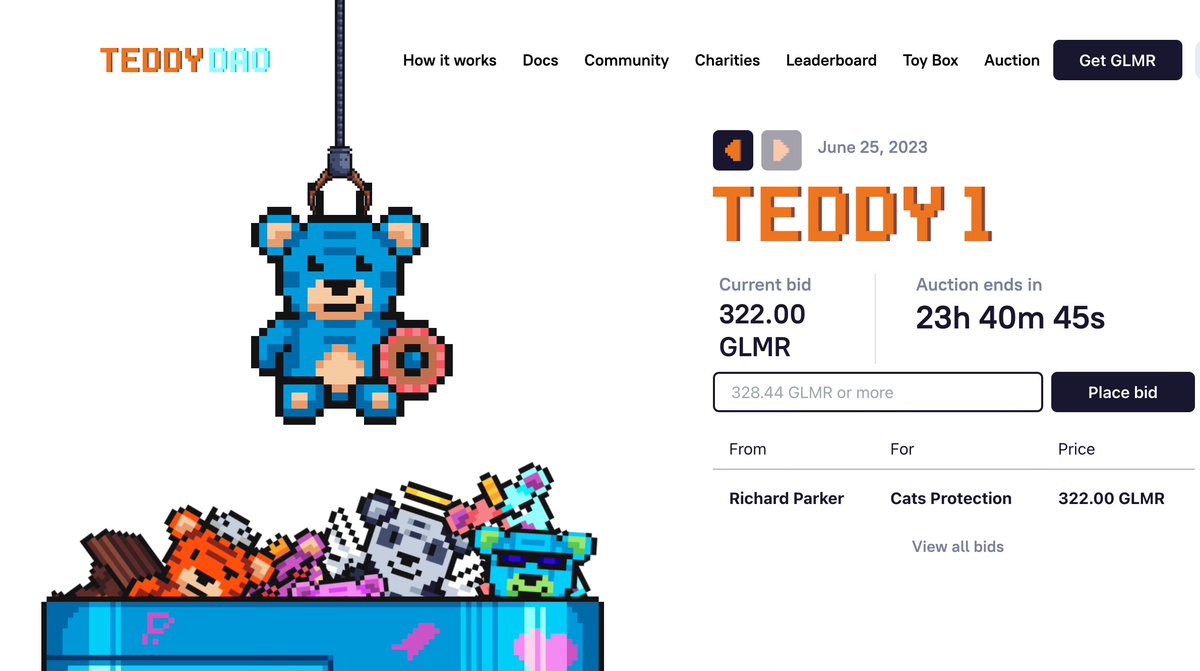 I just bid 322 $GLMR on Teddy 1 for Cats Protection Charity teddydao.org/auction