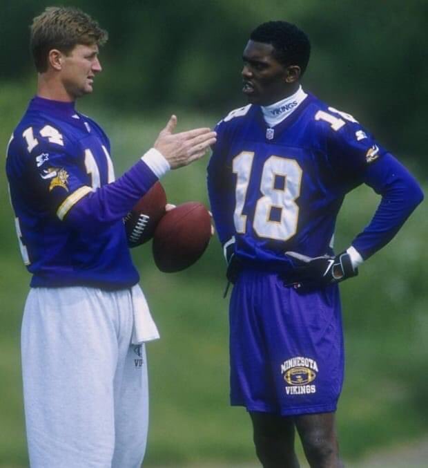 Training camp memory: Vikings QB Brad Johnson giving advice to a rookie WR in camp.. # 18 a young player named Randy Moss #Skol