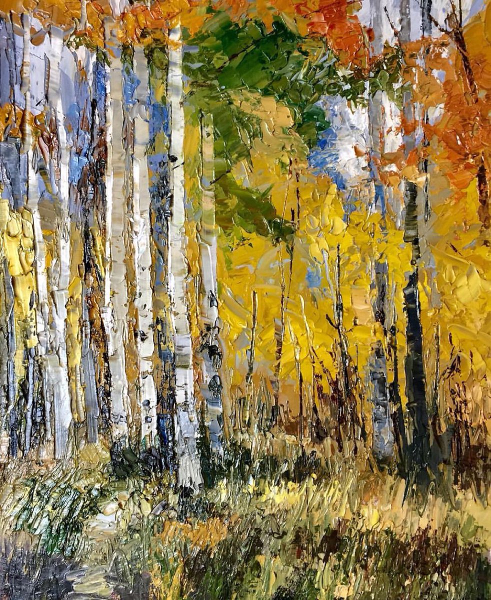 “Yellow Aspens”8x10 palette kinfe oil painting by Peggy Ann Thompson #art #artwork #ArtistOnTwitter #artist #painting #fineart #impressionism #oilpainting peggyannthompson.net