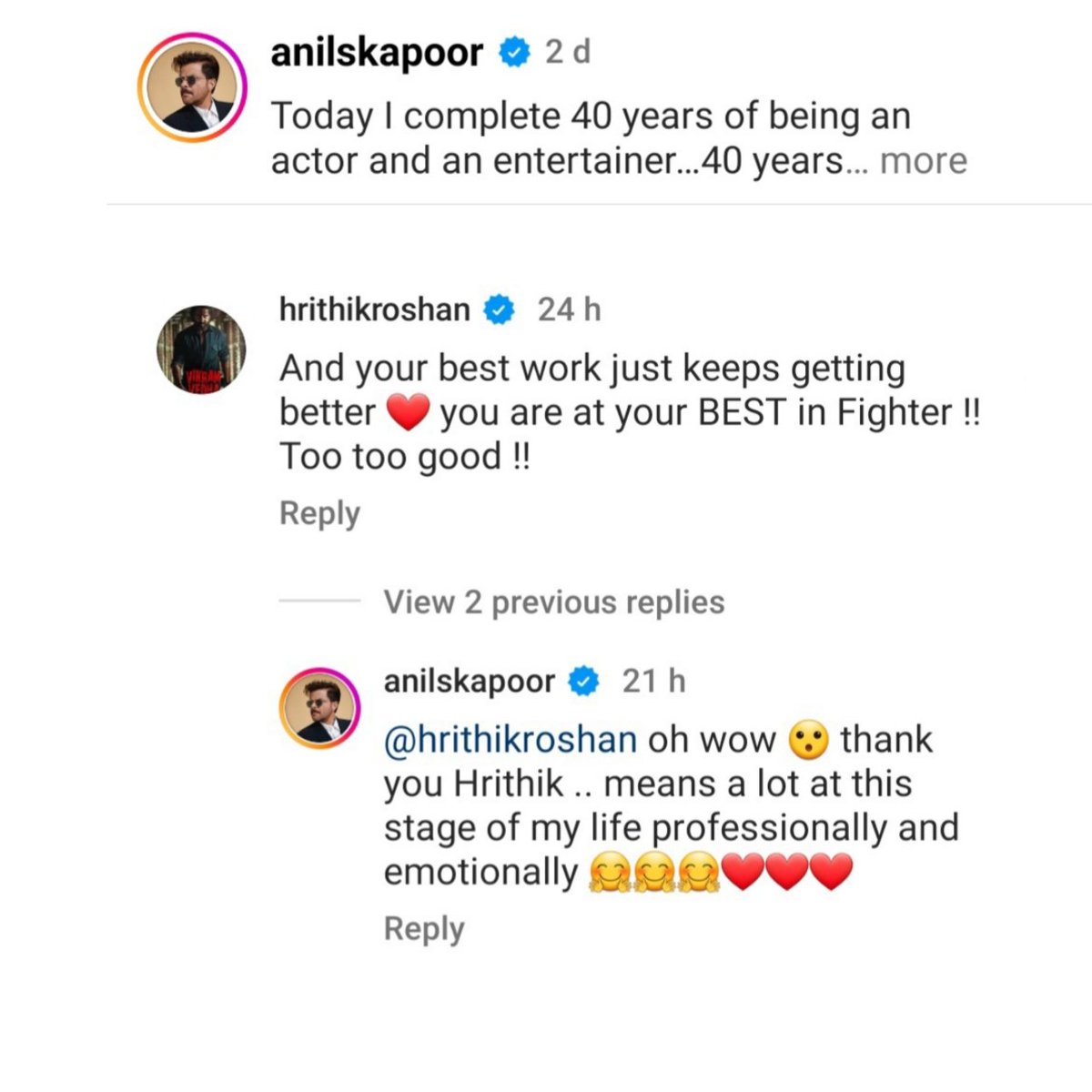 ' And Your Best Work Just Keeps Getting  Better ❤ You are at Your best in #Fighter ' - #HrithikRoshan 's Comment Under #AnilKapoor sir's Insta Post .