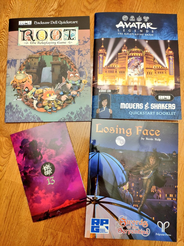 Aryl_Ether's tweet image. Got some #FreeRPGDay goodies from @FIRSTAIDCOMICS; Avatar Legends and Root RPG quickstarts by @MagpieOfficial, Swords of the Serpentine Quickstart by @KevinKulp &amp;amp; @PelgranePress, and Level Eater 13 by Will Hindmarch.