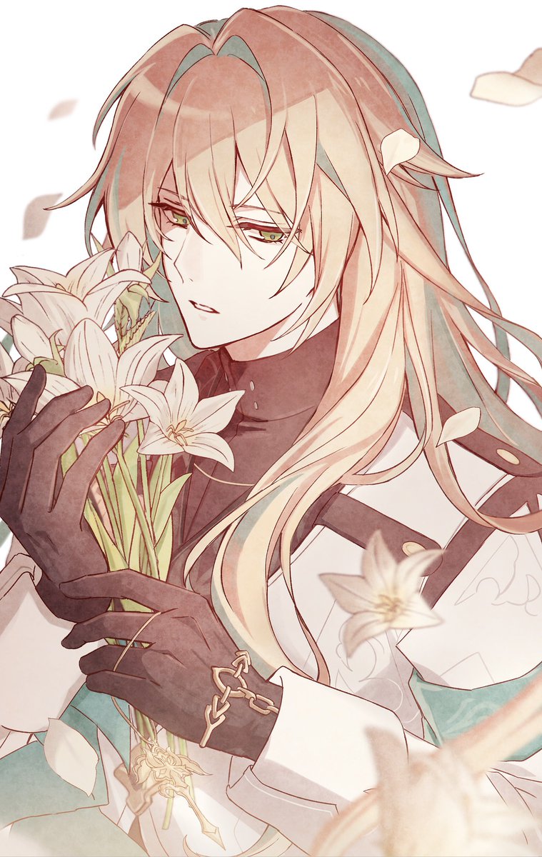 male focus 1boy flower gloves long hair solo green eyes  illustration images