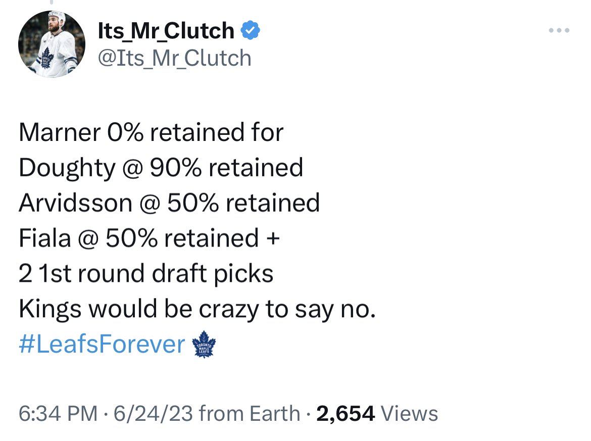 #LeafsForever will pull off a first in history 90% retention trade with #GoKingsGo! Marner for Doughty, Arvidsson, Fiala and 2 1sts! Seems very fair!