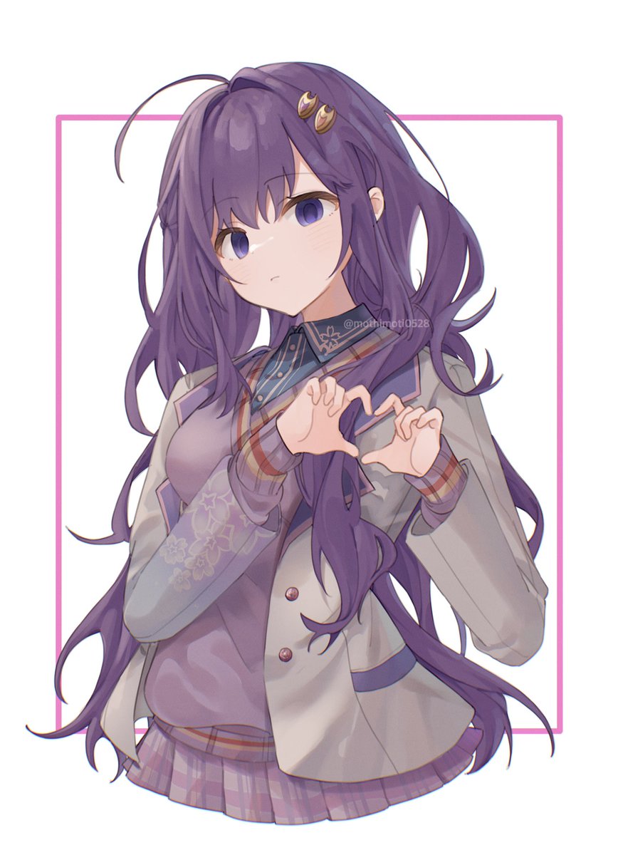 1girl solo heart hands heart long hair skirt purple hair  illustration images