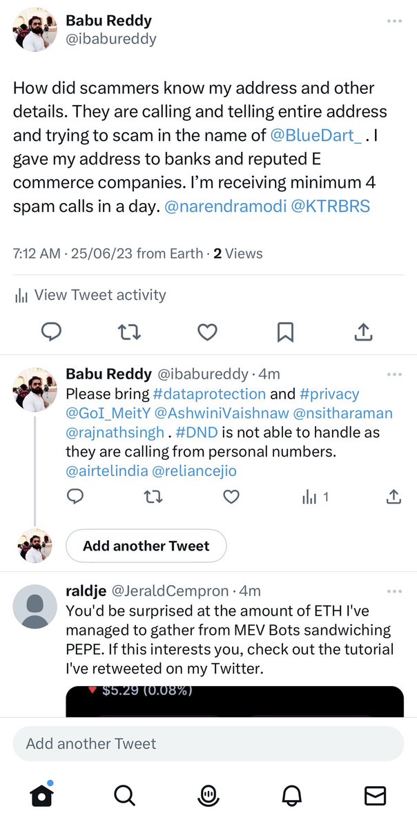 ibabureddy's tweet photo. @GoI_MeitY @AshwiniVaishnaw @nsitharaman @rajnathsingh @airtelindia @reliancejio Spam Spam Every where . I tweeted about spamming and immediately some spam reply received https://t.co/SPZ98UFBnc