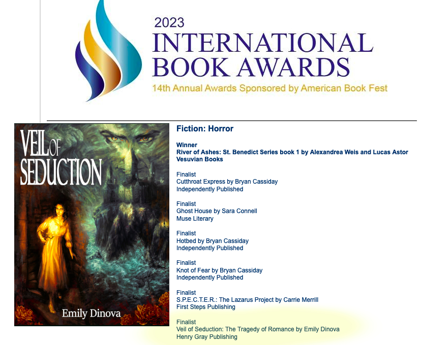 HenryGrayBooks's tweet photo. CONGRATULATIONS to Emily Dinova for becoming a FINALIST in the 2023 International Book Awards for her debut novel, VEIL OF SEDUCTION, published by Henry Gray Publishing. Get yours today at https://t.co/opT76qjv46 or your favorite online bookseller!, #booktok, #bookstagram https://t.co/rjzFlWTzSE