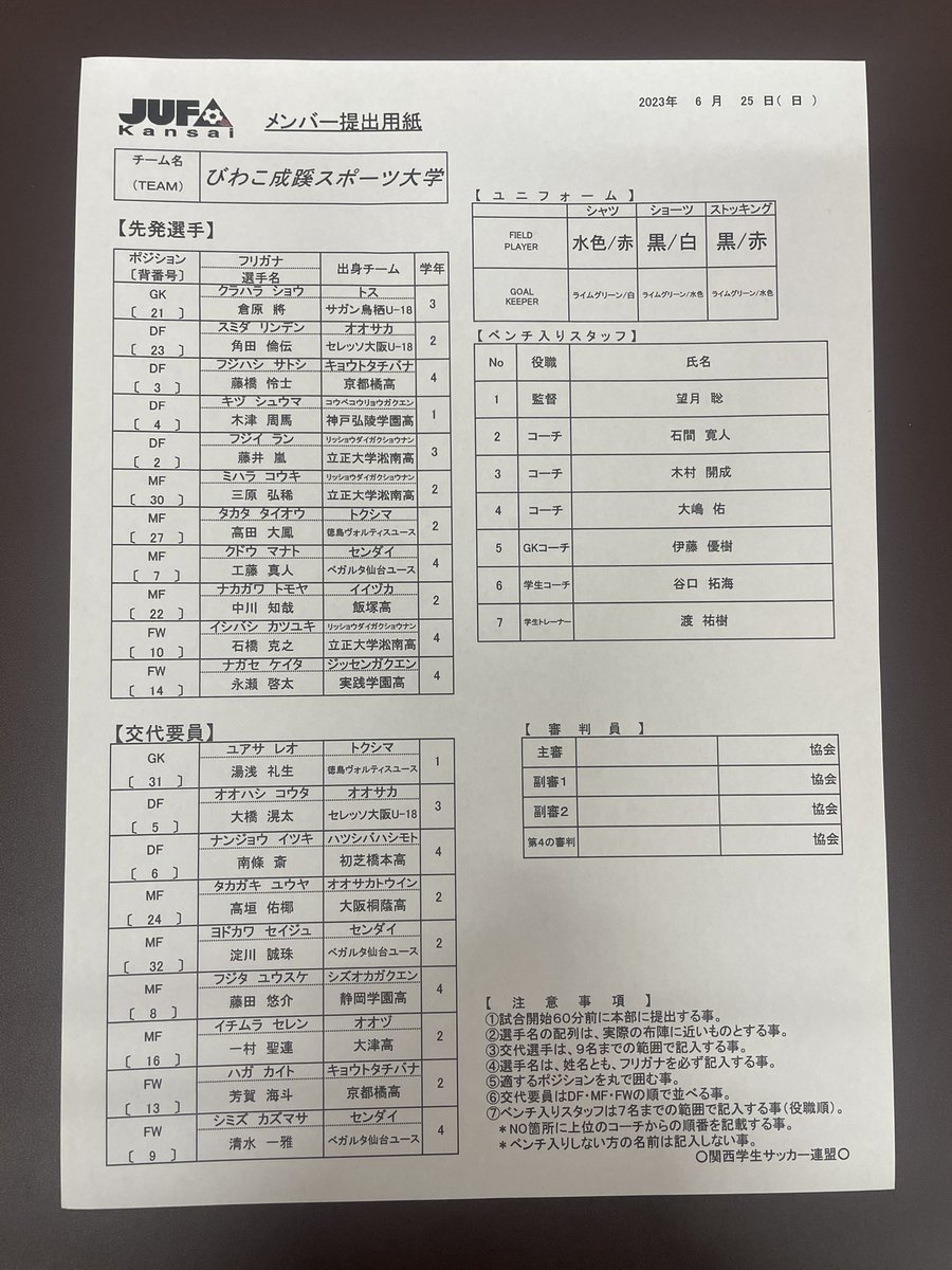 【TOP試合情報】

関西選手権
4回戦vs 京都橘大学

定刻通りkickoff！

メンバーは以下の通りです！
皆様の熱い応援よろしくお願いします‼️