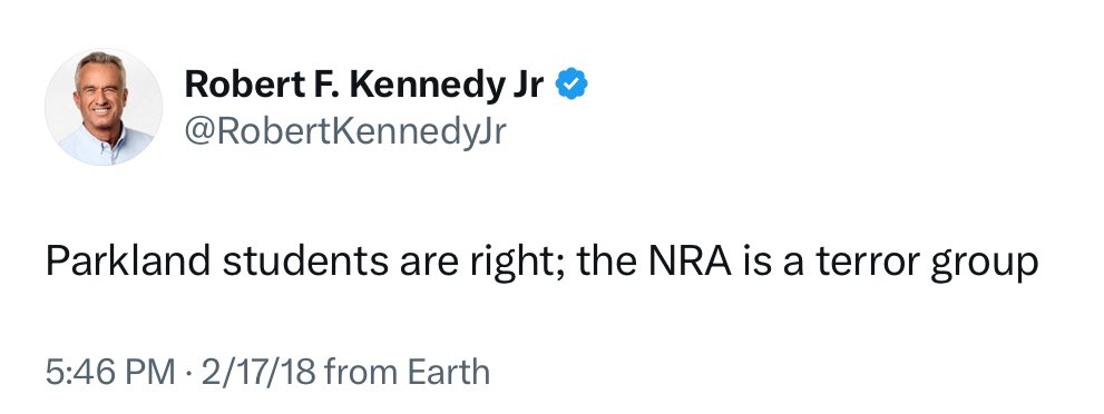 @CitizenFreePres Politicians say a lot of things, if @RobertKennedyJr believes this now why did he blame the @NRA after the Parkland School shooting?