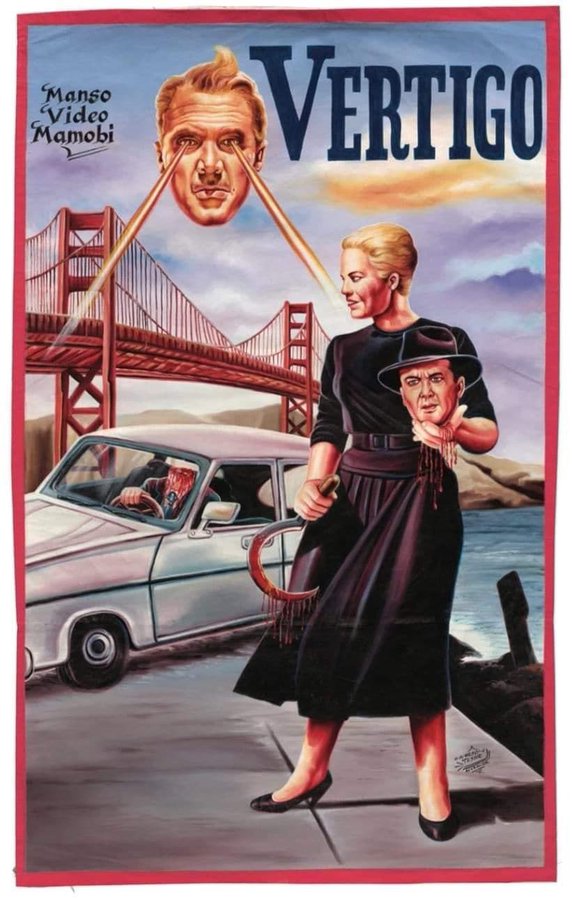 Remember in #Vertigo where astral projection Jimmy Stewart takes out the Golden Gate Bridge with his laser beam eyes while Kim Novak controls him by carrying his decapitated head?  Best part of the movie. #TCMParty #GhanaMoviePosters #SaveTCM