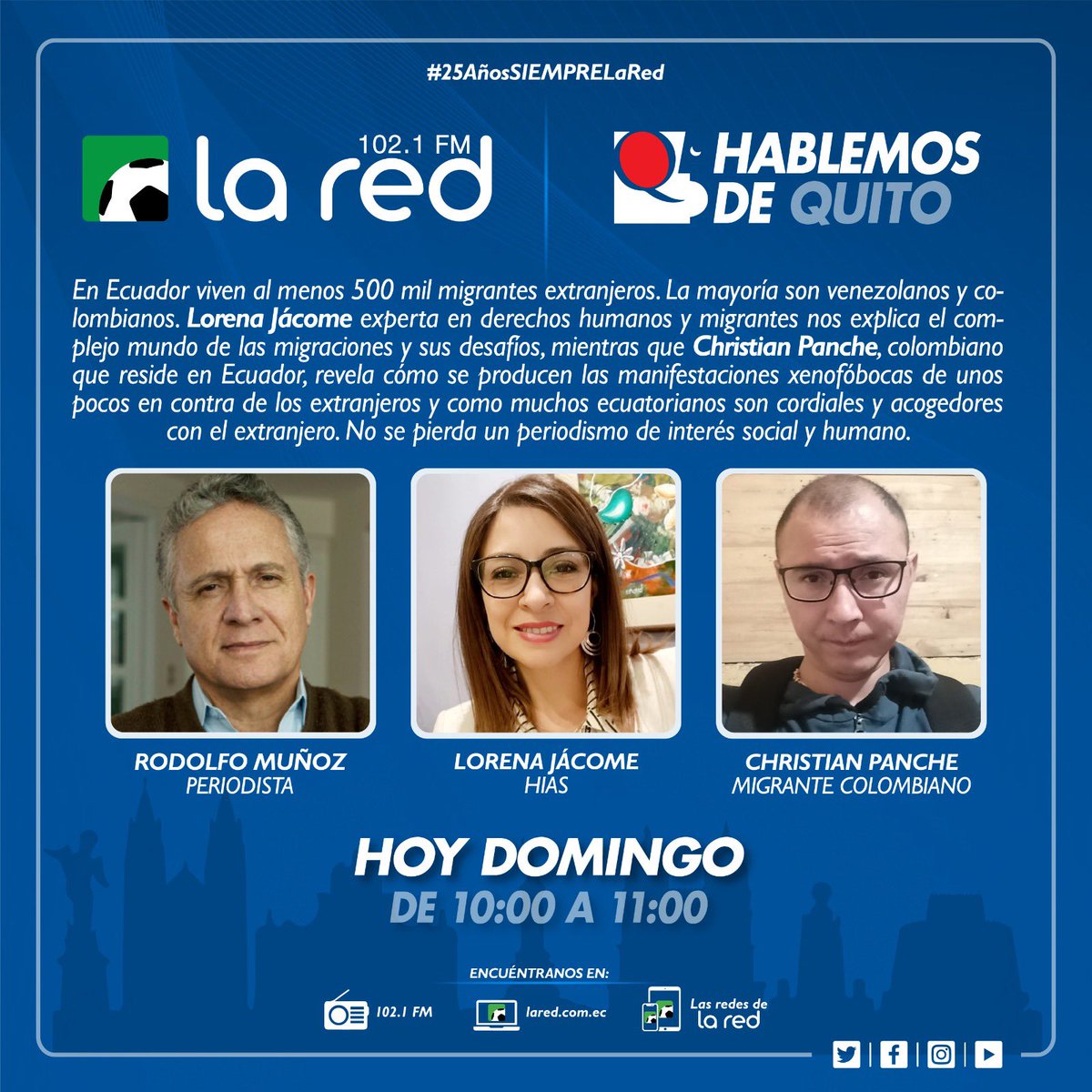 #HablemosDeQuito | Este domingo a las 10am los esperamos junto a Rodolfo Muñoz para hablar sobre la situación actual de los migrantes extranjeros en Ecuador. 

Los esperamos 🎙️

#LaRadioQueSiempreEstá