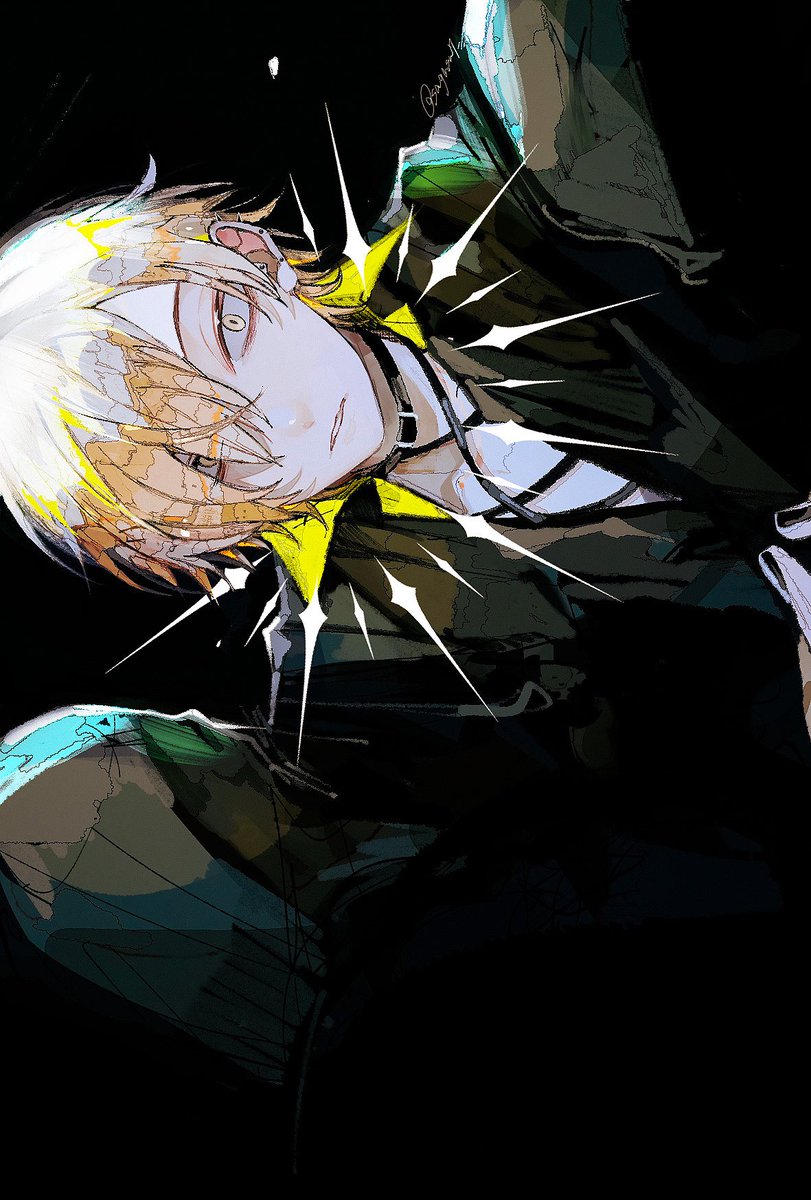 1boy male focus solo black background blonde hair hair over one eye looking at viewer  illustration images