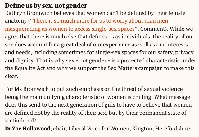 LibVoice4Women's tweet photo. Letter from our Chair, @hollowood_zoe, in today's Observer.
@SexMattersOrg https://t.co/7Vo2dO6yzg