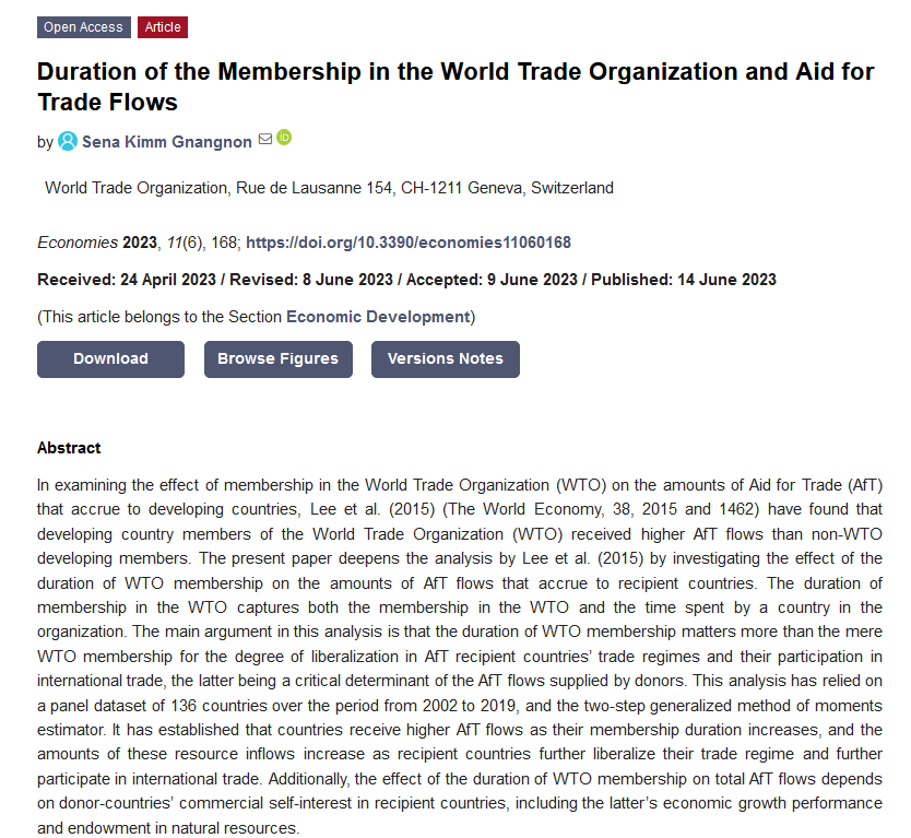 Economies_MDPI's tweet photo. Article: Duration of the Membership in the World Trade Organization and Aid for Trade Flows, edited by Sena Kimm Gnangnon. Welcome to visit and read: https://t.co/NwwKpOmPZH @MDPISocialsci #WTO #developing_countries #Aid_for_Trade https://t.co/7Ymp3iA6So