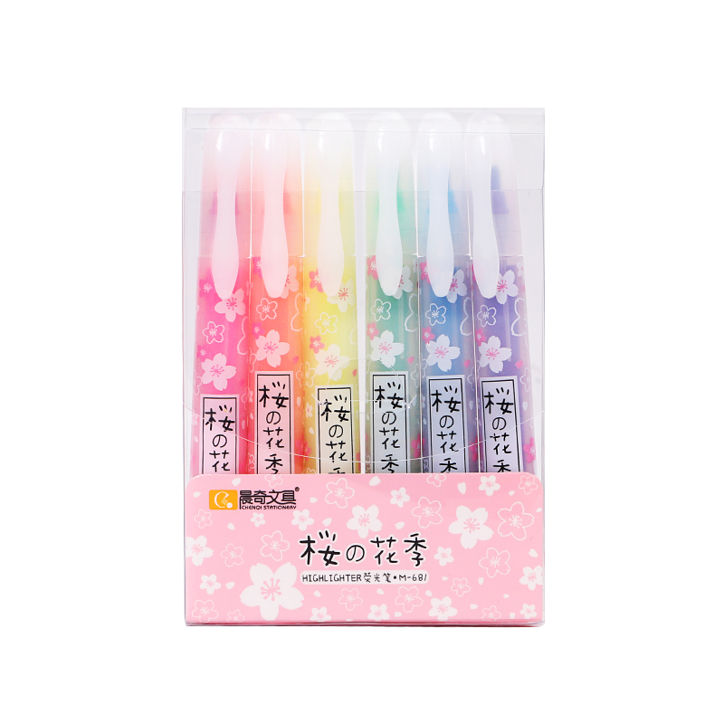 M-681🌸Highlighters Cherry Blossom Set 
This highlighter is colorful and clear, will not bleed through any paper. Fiber nib, wear-resistant and smooth. The barrel adopts a round rod design for a comfortable grip.Translucent pen body for clearer color recognition. 👏