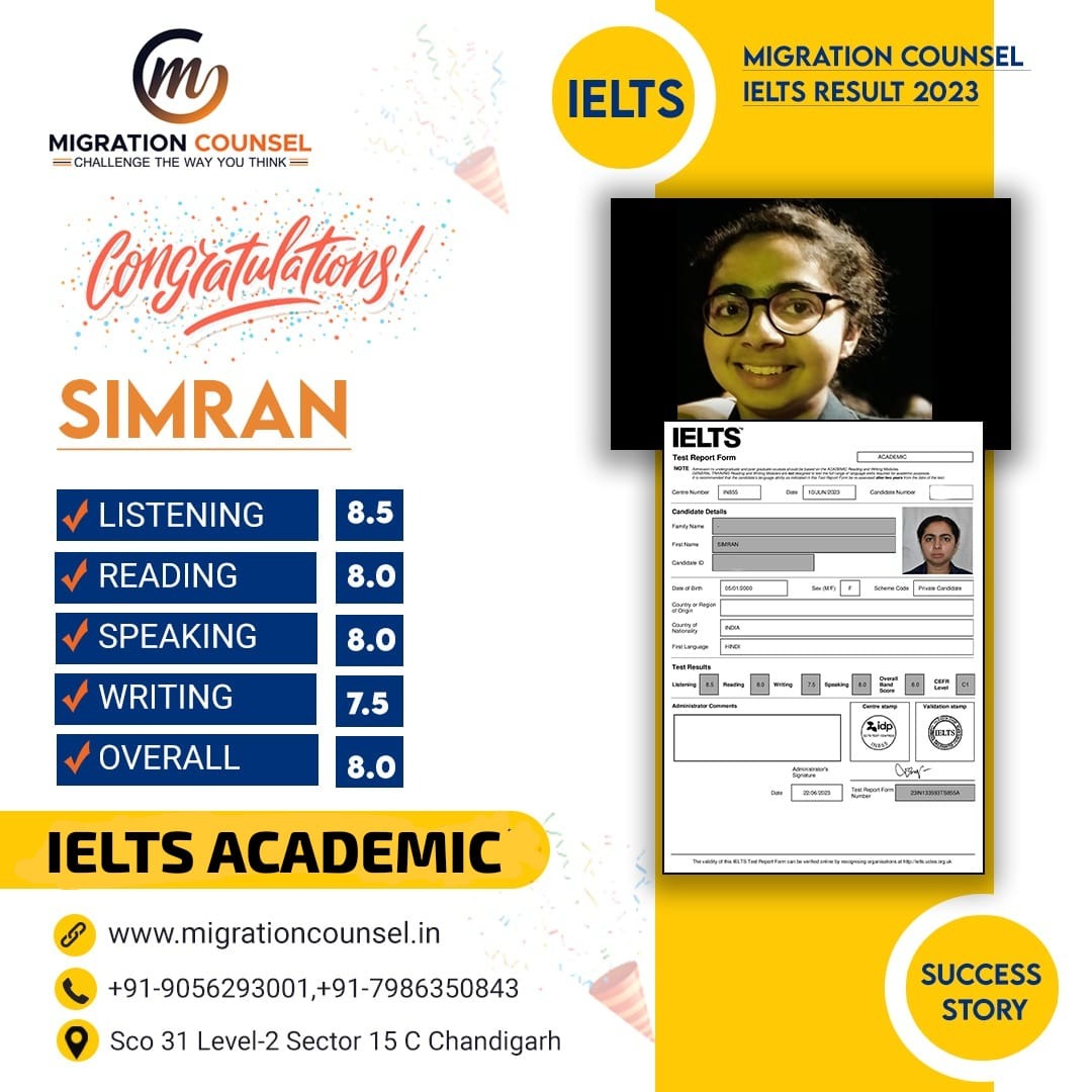 👇
🥇 Another Success Story of our 𝐈𝐄𝐋𝐓𝐒 Student!

🎊🎊 🌟 𝐒𝐈𝐌𝐑𝐀𝐍 has cleared the 𝐈𝐄𝐋𝐓𝐒 𝗲𝘅𝗮𝗺 𝘄𝗶𝘁𝗵 𝗮 𝟴.𝟬 𝑩𝒂𝒏𝒅𝒔 𝘀𝗰𝗼𝗿𝗲......📣 Congratulations to her! 🎊🎊
#migrationcounsel #ielts #ieltssuccessstory #Wagner #ProjectK #ieltscoaching #ieltsresult
