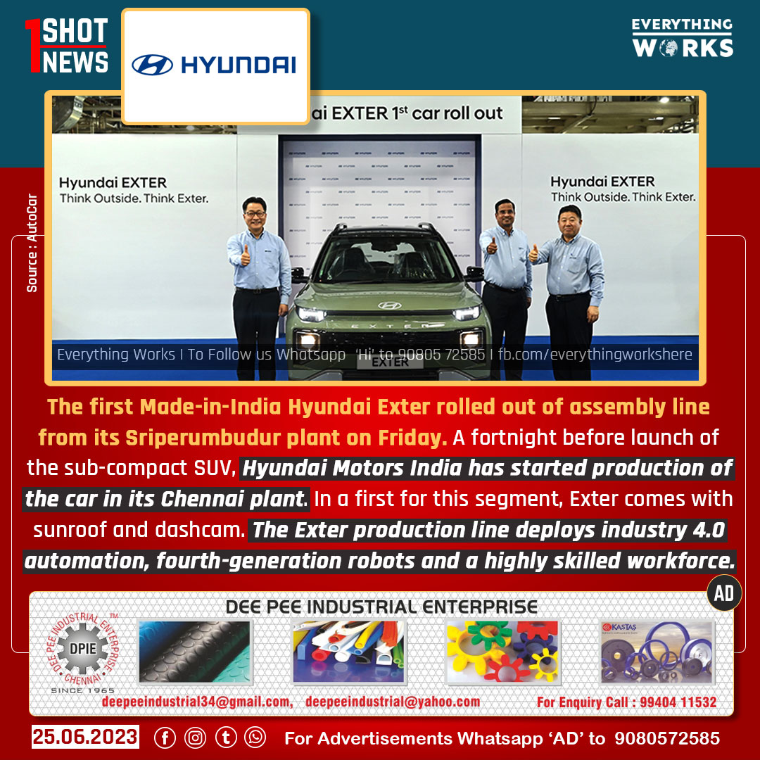 The first Made-in-India Hyundai Exter rolled out of assembly line from its Sriperumbudur plant on Friday. 

#1ShotNews | #Hyundai | #HyundaiExter | #Exter | #Chennai | #Sriperumbudur | #InvestInTN | #Tamilnadu | #TamilnaduNews