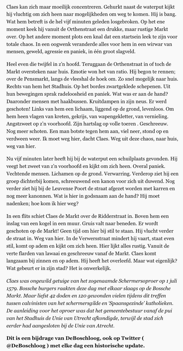 Claes is ongewild getuige van het Schermersoproer op 1 juli 1579 in Den Bosch. Burgers raken deze dag met elkaar slaags op de Markt. 42 doden en 120 gewonden vallen er te betreuren tijdens dit treffen tussen calvinisten van het schermersgilde en ‘Spaansgezinde’ katholieken.