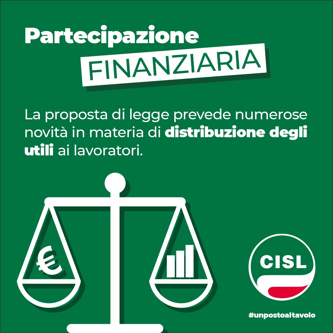 📢 La nostra proposta di legge sulla partecipazione finanziaria apre a nuove modalità di distribuzione degli utili ai lavoratori e disciplina l’accesso contrattuale dei dipendenti a piani di azionariato diffuso.

#unpostoaltavolo su partecipazione.cisl.it