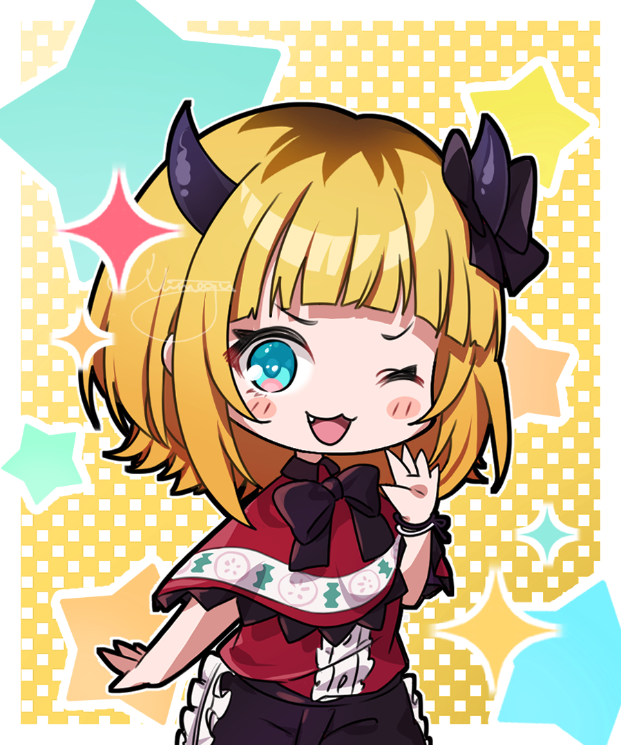 one eye closed 1girl solo horns blonde hair black bow fang  illustration images
