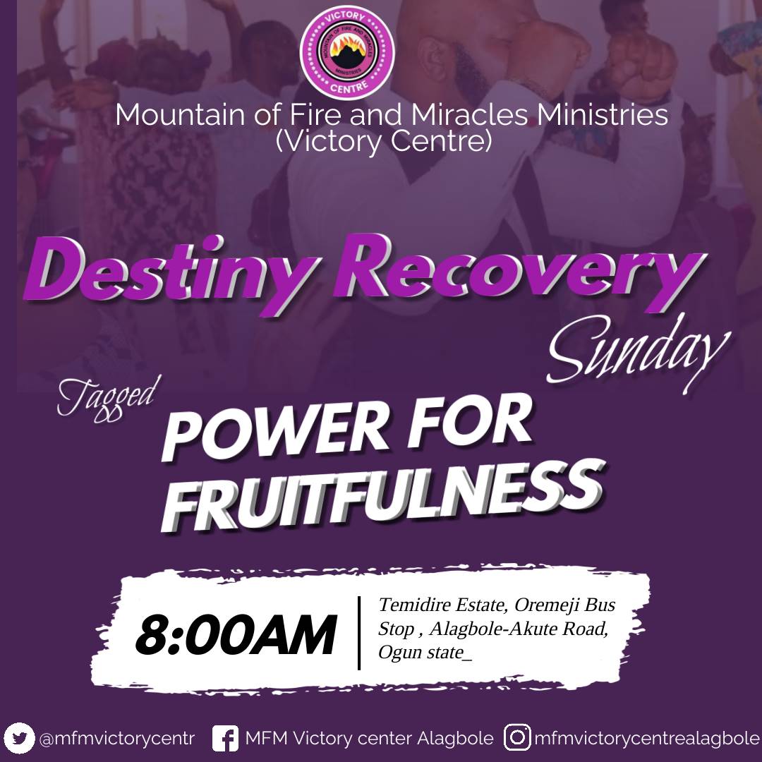 mfmvictorycentr's tweet photo. Welcome and follow us for recovery prayers for fruitfulness.
#destinyrecoverysunday
#Fruitfulness
#MFMvictorycenter https://t.co/qcwiZNmnBb