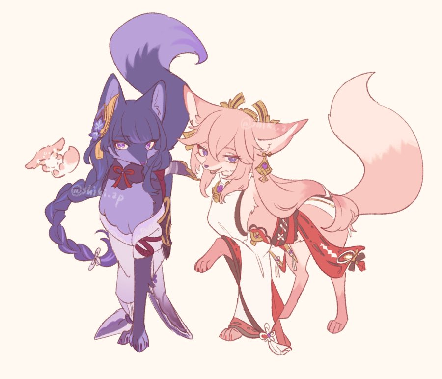 raiden shogun ,yae miko fox purple eyes animalization jewelry pink fur simple background white background  illustration images