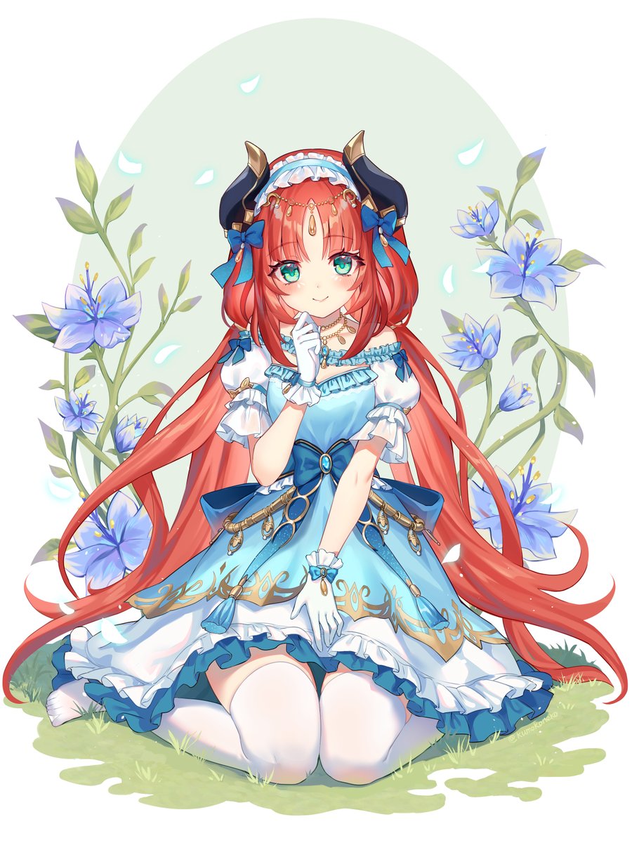 nilou (genshin impact) 1girl solo horns long hair thighhighs flower gloves  illustration images