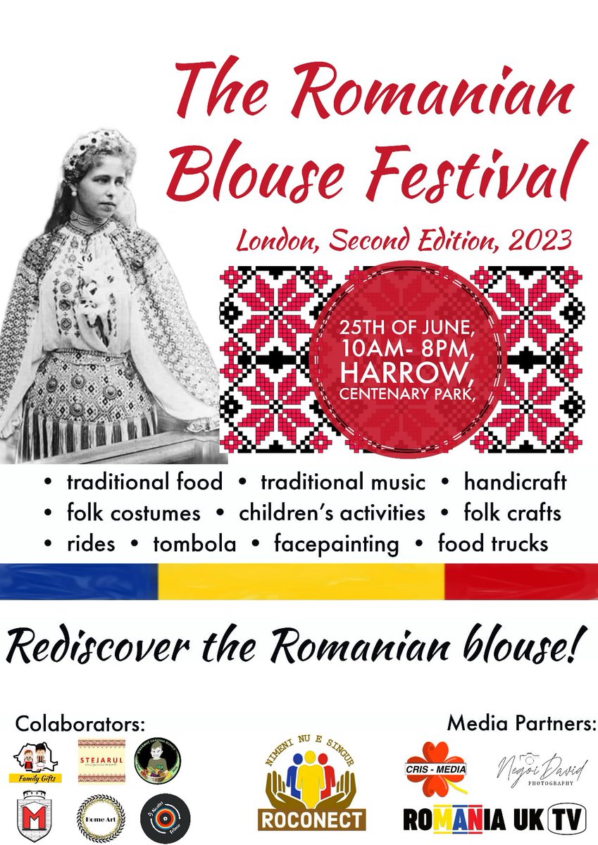 We and our sister channel <a href="/ROMANIAUKTV/">Romania UK TV</a> are very proud to be #MediaPartners with <a href="/ro_conect/">@ROCONECT</a> for #RomaniaBlouseDay at #CentenaryPark in #Harrow. Gate opens at 10am. Loads of #music #food #entertainment for the #family 😎😁 <a href="/harrowonline/">Harrow Online</a> <a href="/MPSHarrow/">Harrow MPS | North West BCU</a> <a href="/harrow_council/">London Borough of Harrow</a> <a href="/MyBarnetTV/">Barnet TV</a>