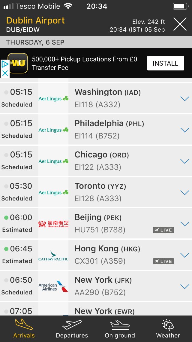 SINCE 2014 AERLINGUS INBOUND FOR DUBLIN  FROM WASHINGTON, PHILIADELPHIA, CHICAGO, TORONTO A330