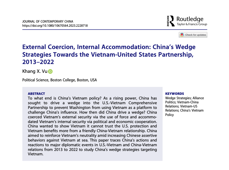 KhangXVu's tweet image. I'm happy to share my first solo-authored academic article in the Journal of Contemporary China. Based on my dissertation, I explain the logic of China's Vietnam policy in the past decade. Many thanks to my profs, editorial team, reviewers, and friends!
tandfonline.com/eprint/Y288CEN…