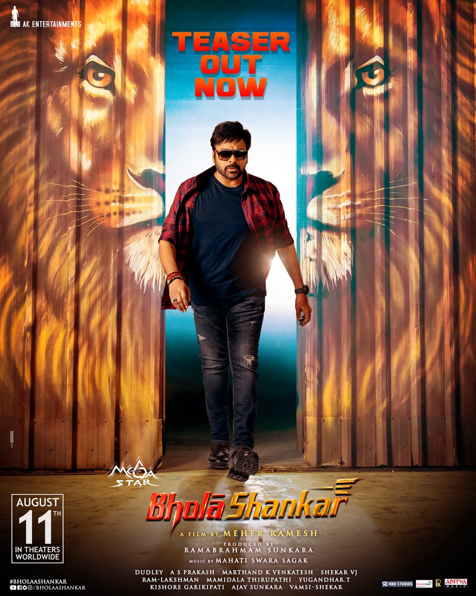 S P I C i n e m a s (@spicinemas) on Twitter photo Presenting Mega๐ <a href="/KChiruTweets/">Chiranjeevi Konidela</a> as #BholaaShankar
#BholaaShankarTeaser out now๐ฅ
#BholaaShankarOnAug11
<a href="/AnilSunkara1/">Anil Sunkara</a> <a href="/tamannaahspeaks/">Tamannaah Bhatia</a> <a href="/KeerthyOfficial/">Keerthy Suresh</a>
<a href="/iamSushanthA/">Sushanth A</a> <a href="/SagarMahati/">Mahati Swara Sagar</a> <a href="/dudlyraj/">DUDLEY-DOP(DIRECTOR OF PHOTOGRAPHY)</a> <a href="/sushkonidela/">Sushmita Konidela</a> <a href="/prakash3933/">A S Prakash</a> <a href="/Yugandhart_/">Yugandhar T</a> <a href="/cinesoul1/">MAMIDALA THIRUPATHI</a> @akentsofficial <a href="/adityamusic/">Aditya Music</a> Presenting Mega๐ <a href="/KChiruTweets/">Chiranjeevi Konidela</a> as #BholaaShankar
#BholaaShankarTeaser out now๐ฅ
#BholaaShankarOnAug11
<a href="/AnilSunkara1/">Anil Sunkara</a> <a href="/tamannaahspeaks/">Tamannaah Bhatia</a> <a href="/KeerthyOfficial/">Keerthy Suresh</a>
<a href="/iamSushanthA/">Sushanth A</a> <a href="/SagarMahati/">Mahati Swara Sagar</a> <a href="/dudlyraj/">DUDLEY-DOP(DIRECTOR OF PHOTOGRAPHY)</a> <a href="/sushkonidela/">Sushmita Konidela</a> <a href="/prakash3933/">A S Prakash</a> <a href="/Yugandhart_/">Yugandhar T</a> <a href="/cinesoul1/">MAMIDALA THIRUPATHI</a> @akentsofficial <a href="/adityamusic/">Aditya Music</a>