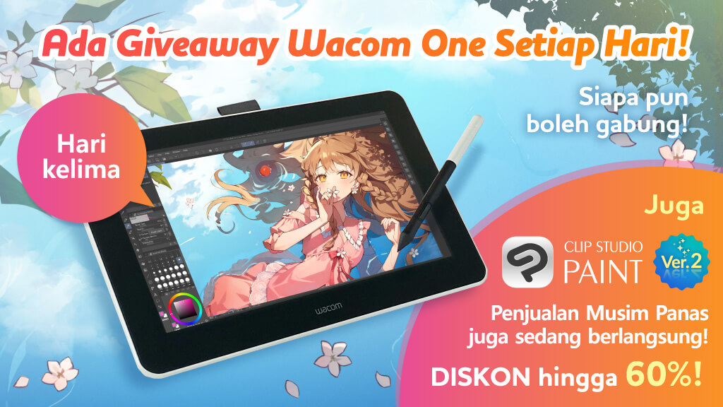 Giveaway Wacom One setiap hari! Follow &amp; RT postingan ini. Semua boleh ikut berkali-kali. Tinggal 2 kali lagi! CLIP STUDIO PAINT Ver.2 Penjualan Musim Panas DISKON Hingga 60%juga diadakan di waktu yang sama! s/d 27 Juni 15:00 WIB. Klik untuk lebih lanjut: clipstudio.net/promotion/give…