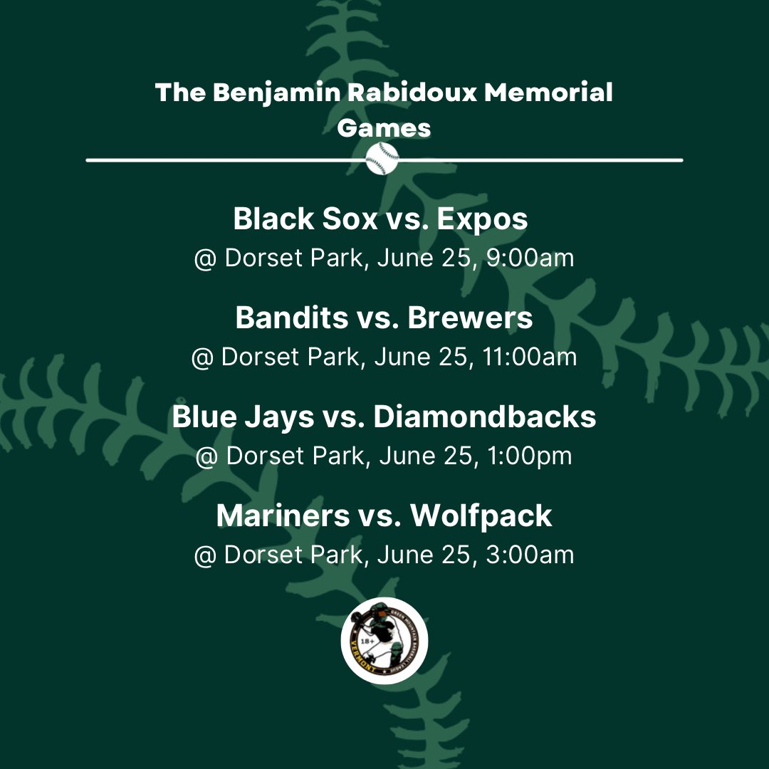 Come enjoy a full day of Baseball at Dorset Park in memory of Benjamin Rabidoux!

There I’ll be ice cream, music, and prizes!

#GMBL #GMBL2023 #VermontBaseball #VTBaseball #Baseball #PlayBall #BRab