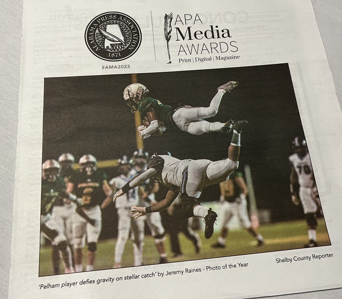 AlecEtheredgeSC's tweet photo. Just finished up at the Alabama Press Association Awards banquet in Orange Beach and excited to share that  @JrainFromAl earned this year’s APA Photo of the Year for this incredible shot. Definitely deserving. @shelbycreporter got General Excellence for the 17th year in a row. https://t.co/icmW4OnDft