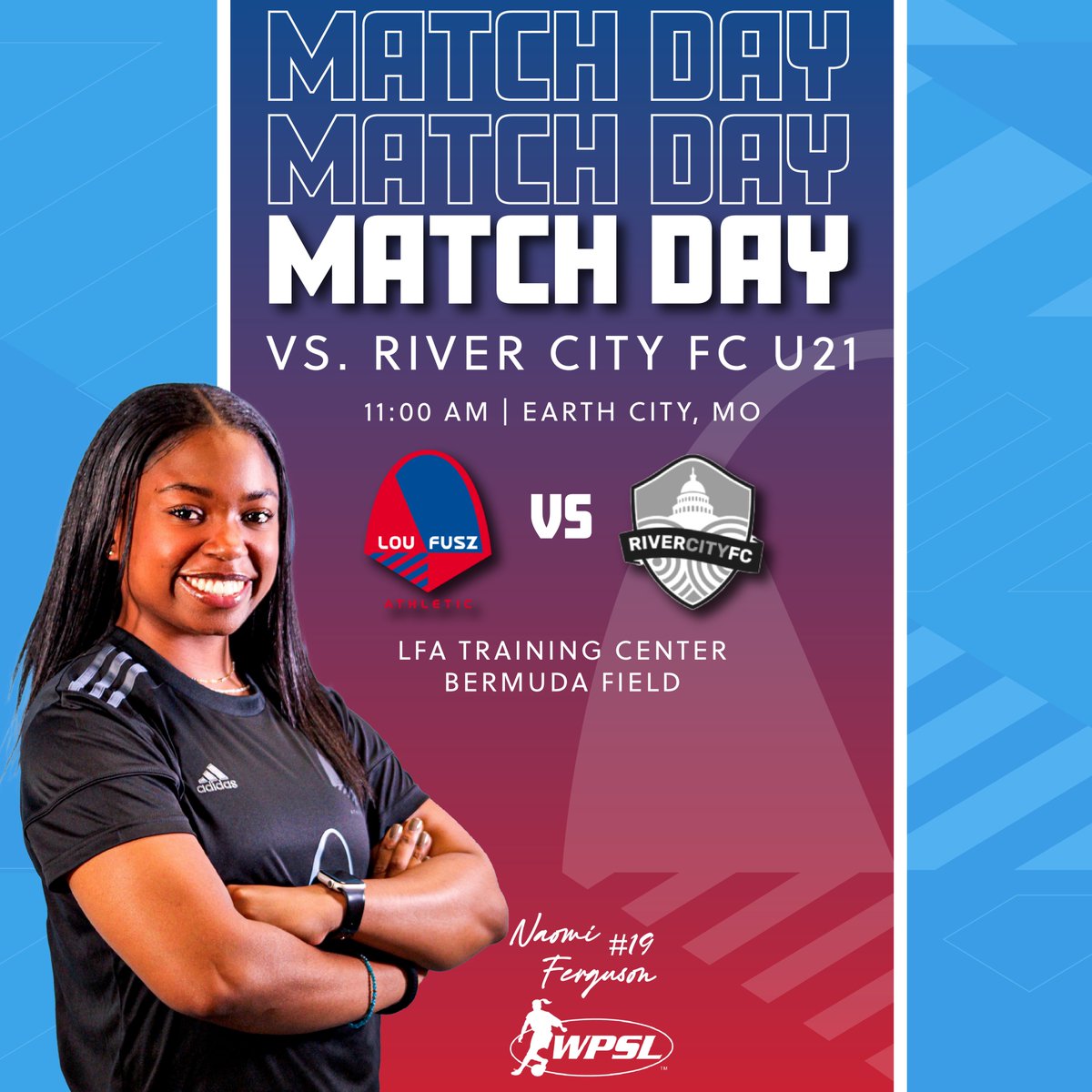 ‼️𝙈𝙖𝙩𝙘𝙝 𝘿𝙖𝙮‼️

We host River City FC U21 in an exhibition match

🆚 River City FC U21
⏰ 11:00 AM
📍 Earth City, MO
🏟️ LFA Training Center 
⚽️ Bermuda Field 
🎟️ FREE Admission 
🎥 stlsportsproductions.com/lou-fusz-wpsl.…

@loufuszsoccer | #HerGame