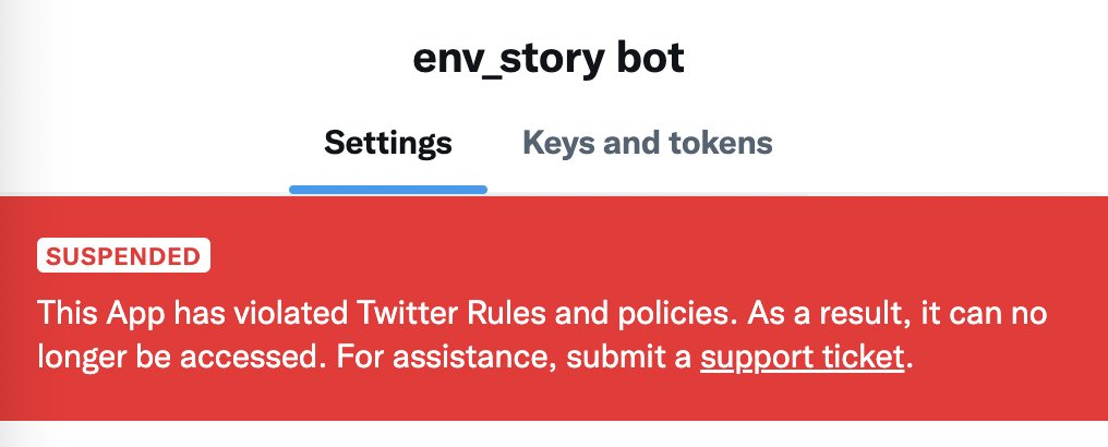 The bot was suddenly disrupted due to an apparent random change in Twitter's policies. I've downgraded to the "free" API tier, which for some reason was not set automatically, and the suspension banner seems to have gone away. Hopefully it will be back up shortly.