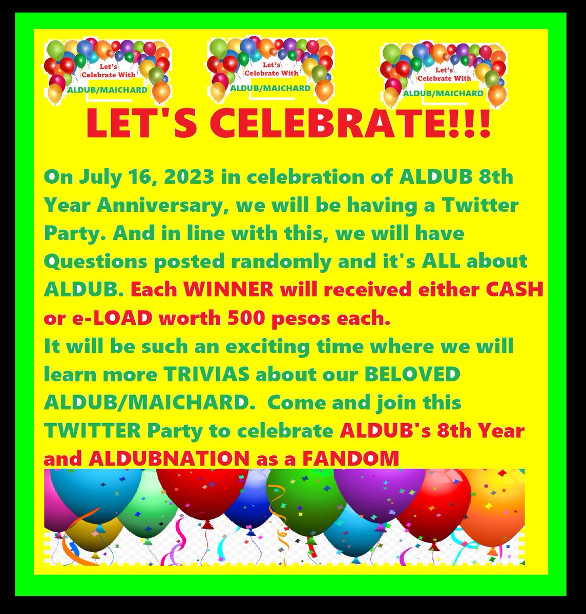 ATTN: To ALDUBNATION WW you are all invited to join our TWITTER PARTY using a UNIFIED HT on July 16 & win prizes for our TRIVIA QUESTIONS.... JOIN THE PARTY & HAVE FUN. 🎉🎉🎉
Let's Celebrate ALDUB's 8th Year Anniversary..
#BOYCOTTGMAxTV5xTVJ837