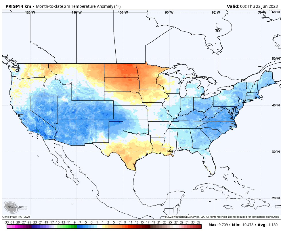 JunkScience's tweet photo. Not the narrative:  

June 2023 so far is now 1.61°F cooler than June 1981 in the US.  

140% more industrial era atmospheric CO2 over the past 42 years has not produced promised warming.

Climate is a giant hoax. https://t.co/5ZgfHFBpat