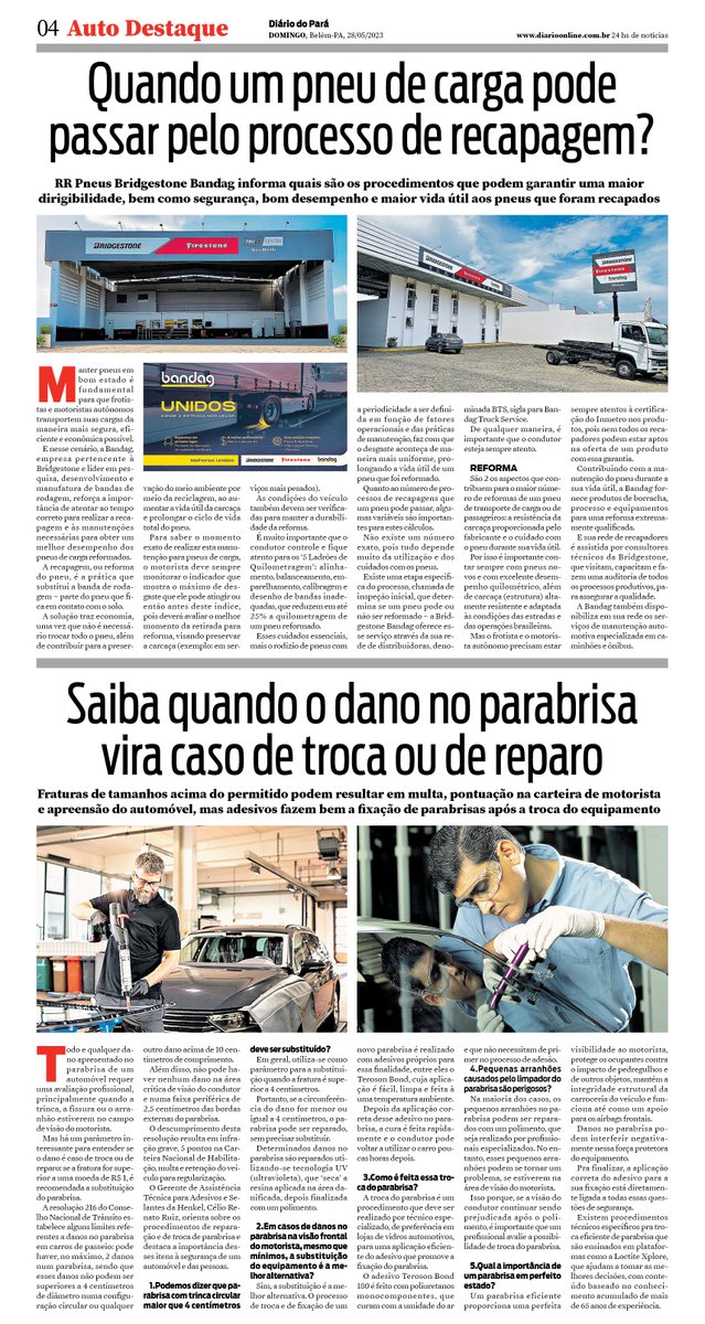 AutoDestaque's tweet photo. O processo de recapagem do pneu de carga e como tratar o dano no parabrisa automotivo viraram matéria no caderno Auto Destaque do jornal Diário do Pará de 28/05/2023 #AutoDestaque #DiárioDoPará #dicasautomotivas #pneu #pneudecarga #RRPneus #Bandag #recapagem #parabrisaautomotivo https://t.co/lkJYRAlzAy