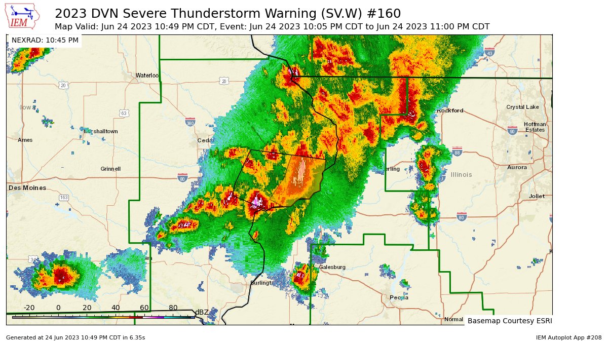 DVN updates Severe Thunderstorm Warning [tornado: POSSIBLE, damage threat: CONSIDERABLE, wind: 70 MPH (RADAR INDICATED), hail: <.75 IN (RADAR INDICATED)] (cancels Cedar [IA], continues Clinton, Muscatine, Scott [IA]) till 11:00 PM CDT mesonet.agron.iastate.edu/vtec/f/2023-O-…