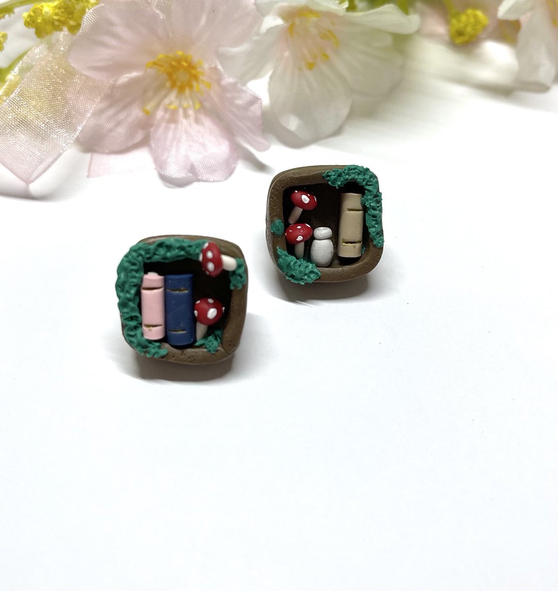 Tiny book nook studs with moss and mushies!