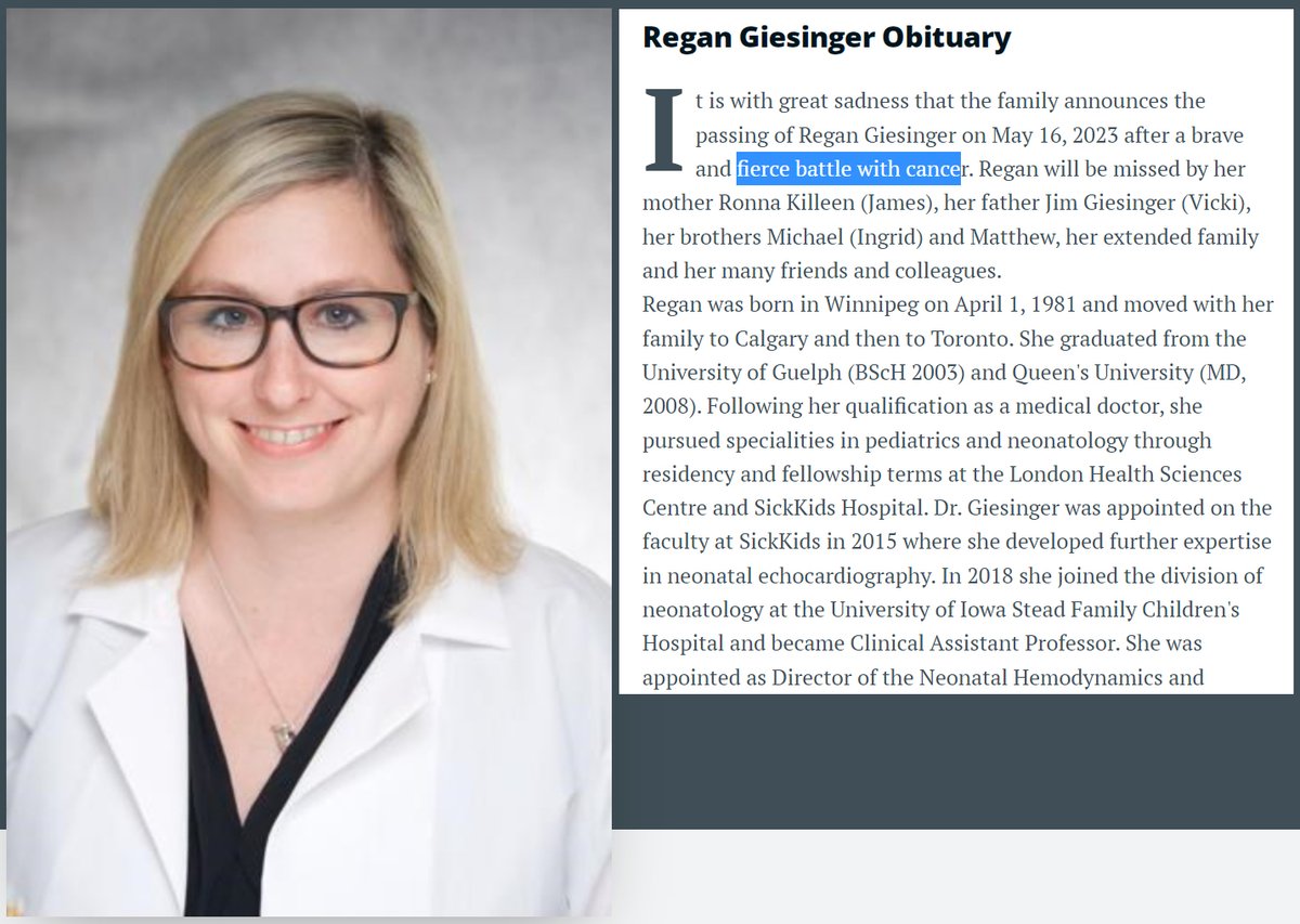 42 yo Canadian doctor, Pediatric Neonatologist Regan Giesinger, working at University of Iowa Stead Family Children's Hospital died May 16, 2023

She had 2 COVID-19 vaccines, then developed cervical cancer Dec.2021, followed by turbo brain cancer 😔

#DiedSuddenly #cdnpoli #ableg