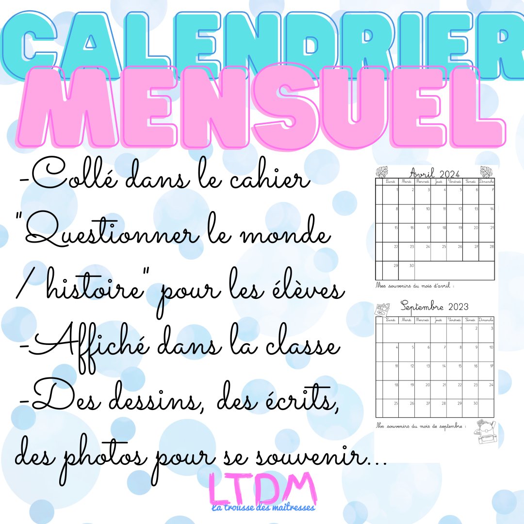 TrousseMaitress's tweet photo. Un calendrier individuel à coller en début de chaque mois dans le cahier #QuestionnerLeMonde ou #Histoire et un calendrier pour la classe https://t.co/wHW6FuEtOT https://t.co/y0vXZMUbuf