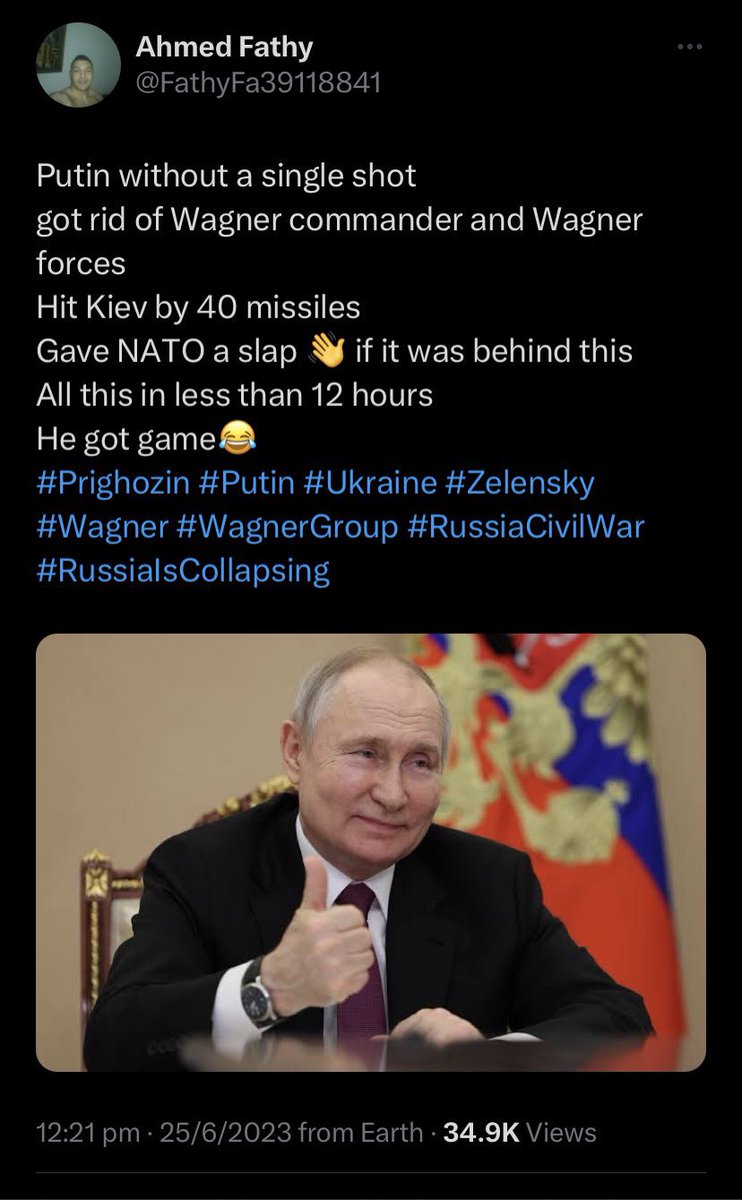 Wow Putin defeats NATO again by almost losing power to a former hot dog salesman’s private army. All according to plan!