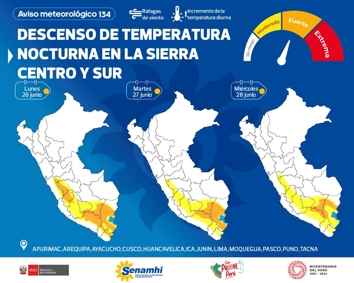 #Aviso Del 26 al 28 de junio, continuará el descenso de la temperatura nocturna en la sierra centro y sur. senamhi.gob.pe/?p=aviso-meteo…