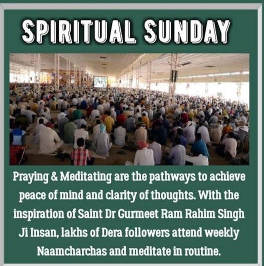 To make body strong we take food but meditation is the food of soul 
Which nourish your soul and strength the soul make it strong. Make this a #SpiritualSunday by listening to holy sermons of Saint Gurmeet Ram Rahim Ji.Listening to holy sermons guides us and we get inner peace.