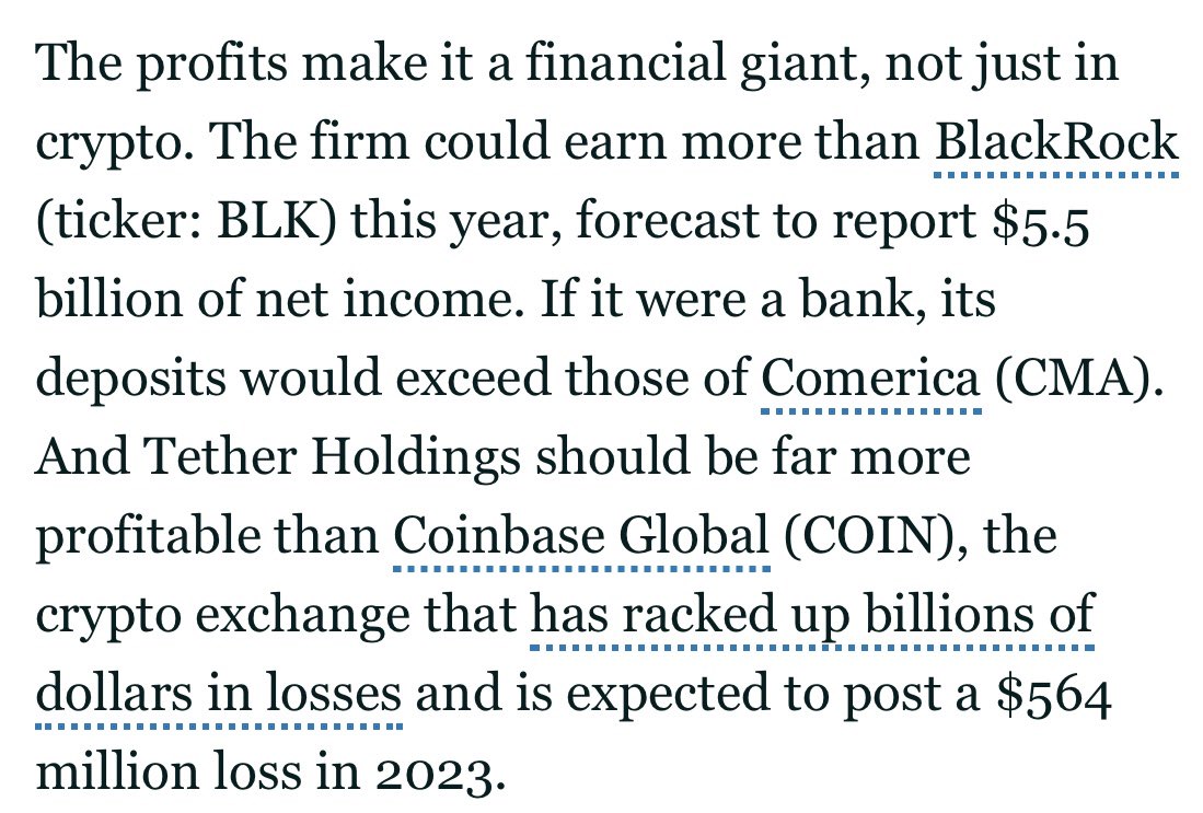 Absolutely wild stat…

Tether could earn more than *BlackRock* this yr.

via <a href="/truedenton/">Jack Denton</a>