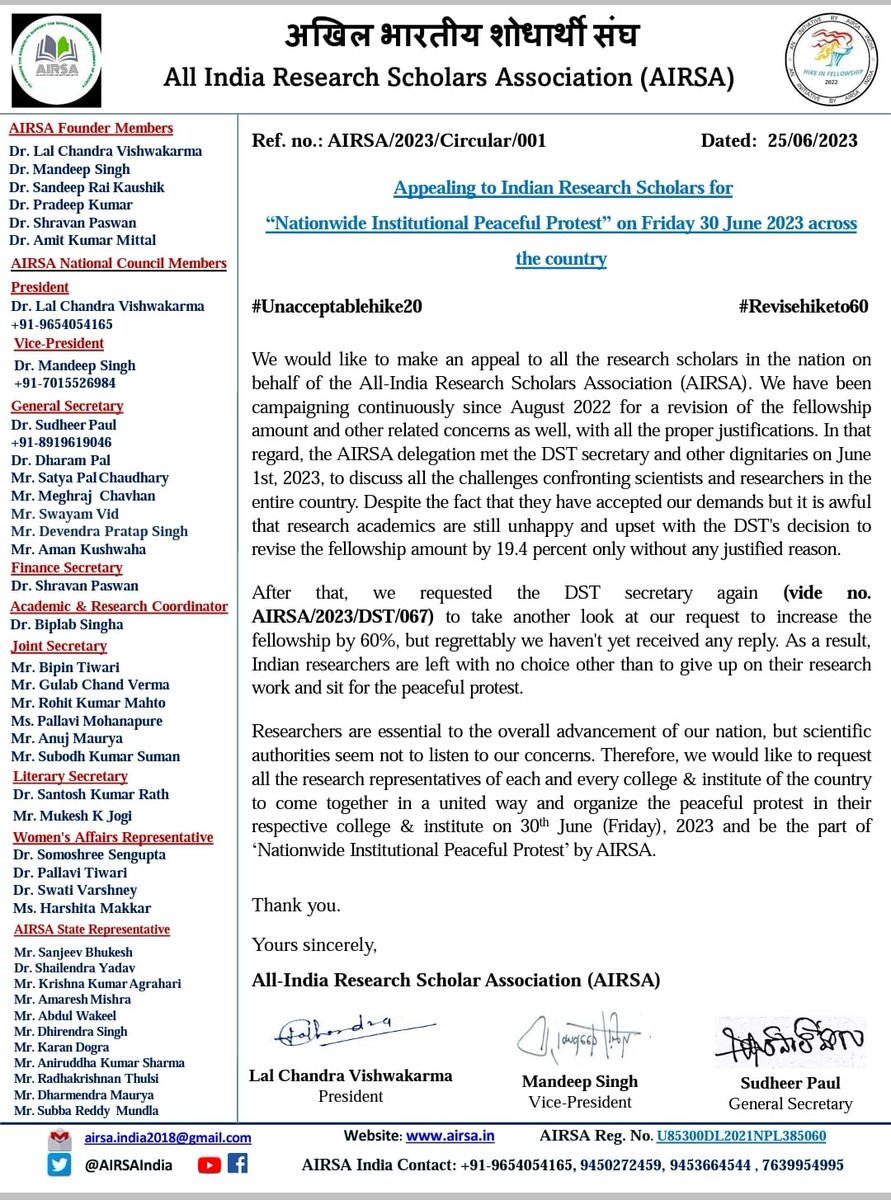 #Unacceptablehike20
#Revisehiketo60 
#NonNetFellowshipHike <a href="/ugc_india/">UGC INDIA</a>
Despite repeated requests, <a href="/IndiaDST/">DSTIndia</a> Secretary has ignored our plea for a meeting to reconsider the crucial researchers fellowship hike. This neglect poses a threat to the scientific community. Appeal to Indian