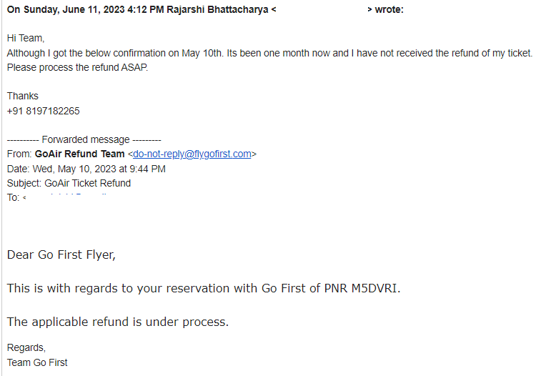 findriju's tweet photo. @DGCAIndia @JM_Scindia @GoFirstairways @EaseMyTrip  45 days after confirmation of cancellation and refund initiation I have not received my refund. Please help. https://t.co/fUrhbdjeIC